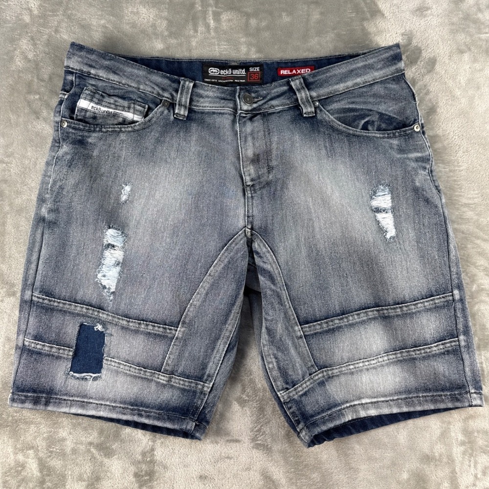 Ecko Unltd Denim Shorts Mens 36 Relaxed Blue Distressed Paneled EUC